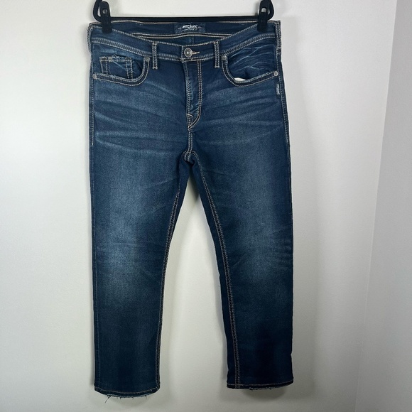Silver Mens Grayson Jeans Blue Distressed Zip Straight Leg Western Stretch 34X31 - Picture 1 of 12